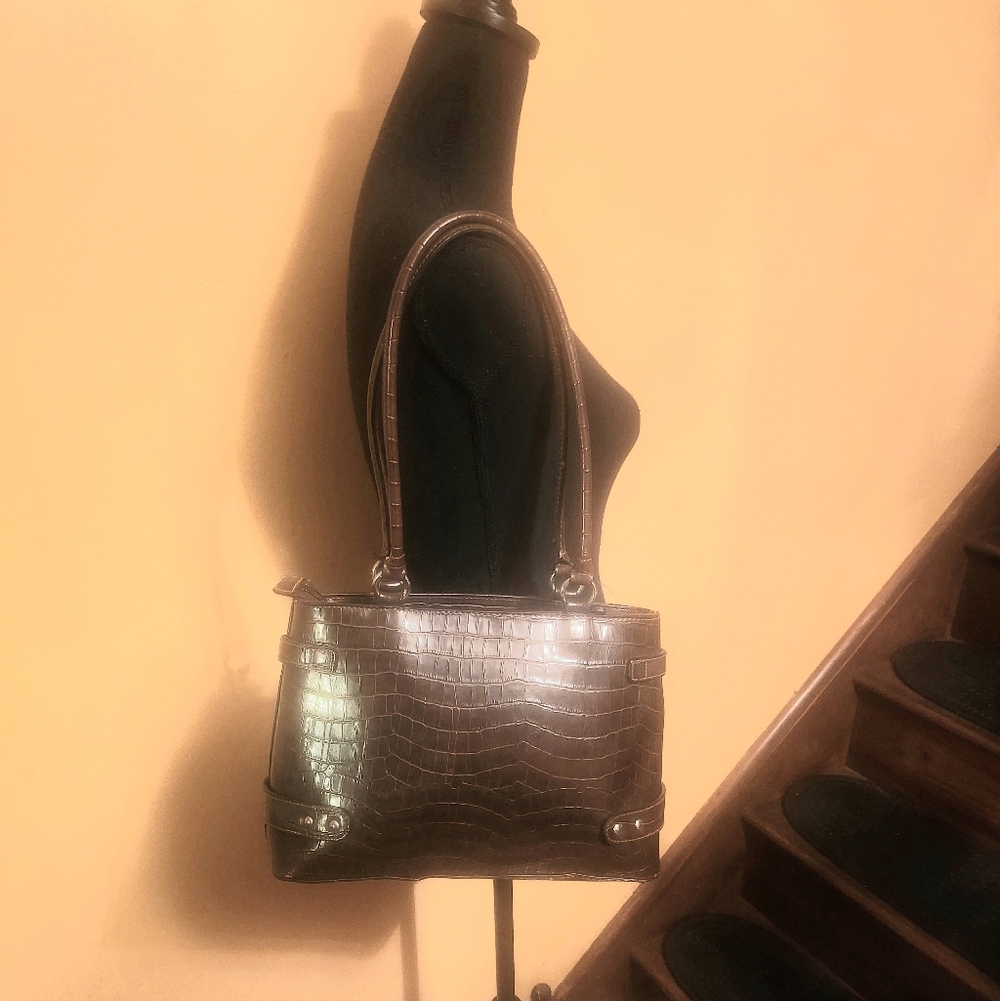 Vintage-Style Chocolate Brown Croc-Embossed Structured Shoulder Bag - Picture 2 of 6